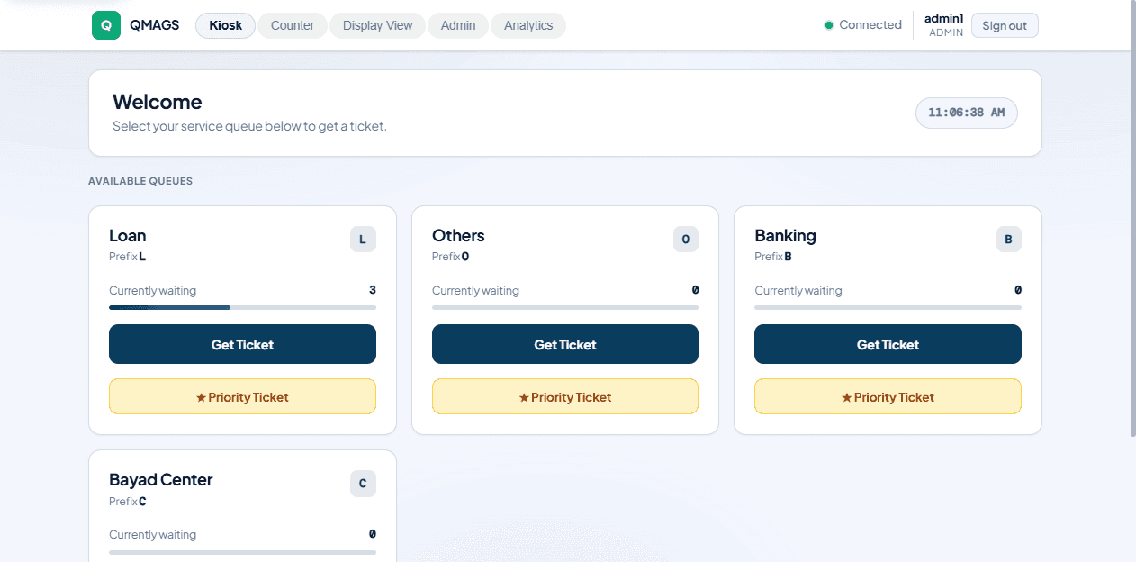 QMAGS kiosk screen showing service queues and buttons for regular and priority tickets